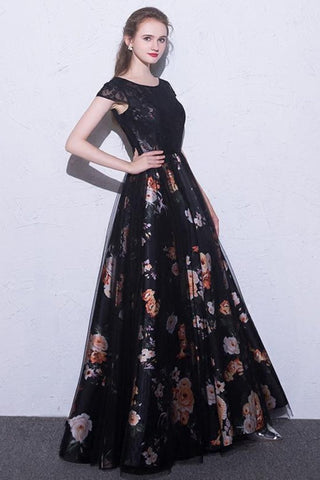 2024 vestidos de fiesta negros Scoop una línea de impresión floral sexy vestido de fiesta largo de encaje