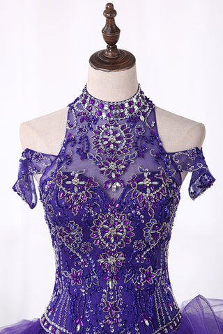 2024 blusa de cuello alto con cuentas de bola del vestido de tul barrer tren vestidos de quinceañera