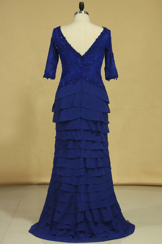 2024 Oscuro Azul real madre de la novia vestidos de gasa con cuello en V con mangas de 3/4 longitud
