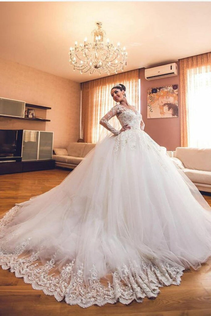 2024 vestidos de boda cuchara mangas largas cola de tul con aplicaciones de tejido y los granos