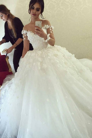 2022 Vestido de novia A-Line Tulle con flores hechas a mano y perlas mangas largas