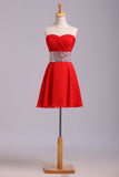 Fiesta de color rojo Vestidos una línea vestido corto / mini con diamantes de imitación de gasa