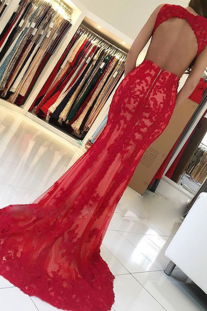 2022 Sexy Open Back Bateau Prom Dresses Sirena Tul con Appliques
