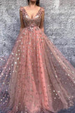 2024 Estrella de oro con encaje estampado vestidos de baile con cuello en v princesa largo vestido de bola vestido de noche