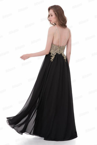 Elegantes vestidos de gasa de encaje formal en negro y oro Vestidos largos de fiesta Vestidos de baile