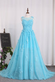 2024 A Line Prom Dresses Tulle Bateau con apliques y flor hecha a mano Sweep Train