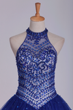 2024 Oscuro Royal Blue cabestro vestidos de Quinceanera del vestido de bola de Tulle con los granos y diamantes de imitación