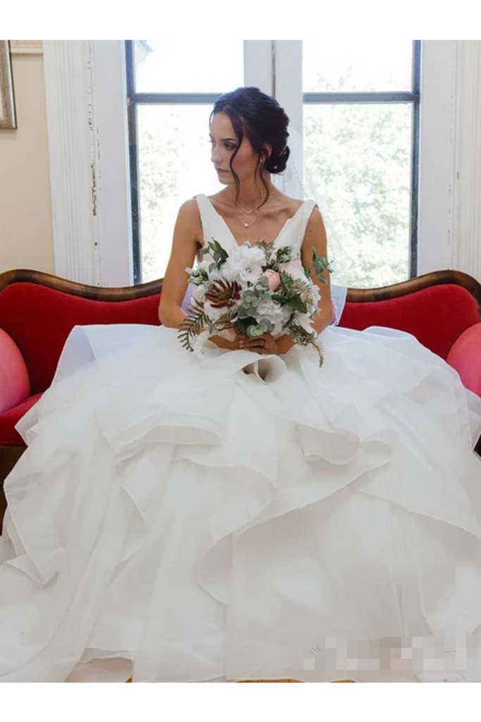 Vestido de novia de organza con cuello en V Vestido de novia con listones de volantes Vestido de novia de faja