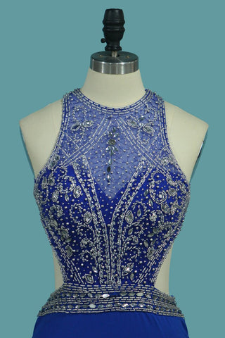 2024 Mermaid Prom Dresses espalda abierta Scoop con cuentas y hendidura