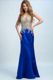 2024 Brak Royal Blue Two-Tone sirena vestidos de baile con cuello en V con cuentas blusa de raso y tul