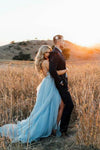 Muslo azul cielo vestido de boda de playa rústico con corte de tren vestidos de noche de fiesta