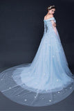 2024 Light Sky Blue Prom Dresses Sweep / Brush Train Tulle vestido de fiesta / vestido de noche