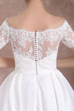 Vestido de novia de manga corta, una línea de té, blanco con apliques