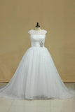 2024 vestido de boda del vestido de bola Bateau organza y encaje con rebordear