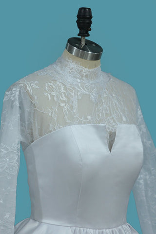 2024 mangas largas vestidos de raso de la boda cuello alto abierto de nuevo una línea