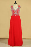 2024 Red Plus Size V Cuello con cuentas blusa gasa y tul Una Línea vestidos de baile