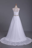 2024 nuevos de la llegada vestidos de boda de la cucharada de moldeado de la pretina de una línea con apliques de tul