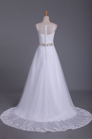 2024 nuevos de la llegada vestidos de boda de la cucharada de moldeado de la pretina de una línea con apliques de tul