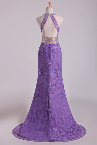 2024 populares de la sirena de alta del cuello de baile vestidos de encaje con los granos del tren del barrido púrpura