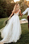 Vestido de novia de encaje sin mangas con cuello en V profundo con apliques, vestido de novia de tul