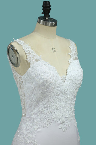 2024 sirena vestidos de novia de cuello en V abierto elástico satinado con apliques