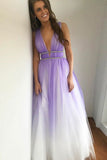 Pretty Omber Tulle V - cuello largo púrpura vestidos de baile Vestidos de fiesta fluidos