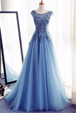 Encantador azul largo de encaje de tul espalda abierta con cordones de la princesa vestidos de baile