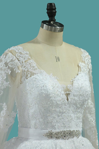 2024 Vestidos de boda de Tulle de las mangas largas del cuello de la nueva llegada V una línea con Applique