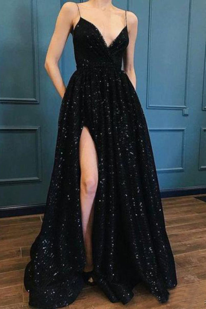 Sparkle Sequin Spaghetti Strap Vestidos de fiesta largos en negro con un vestido de noche con abertura