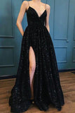 Sparkle Sequin Spaghetti Strap Vestidos de fiesta largos en negro con un vestido de noche con abertura
