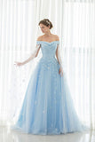 2024 Light Sky Blue Prom Dresses Sweep / Brush Train Tulle vestido de fiesta / vestido de noche