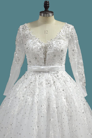 2024 una línea de manga larga de tul vestidos de novia con apliques y marco