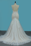 Vestidos de boda de sirena 2022 correas de tul con apliques y perlas