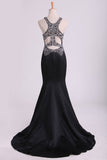 2024 Negro cucharada sirena con cuentas blusa espalda abierta de baile vestidos de satén de longitud de