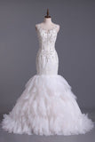 2024 vestidos de boda Bateau vaina / columna de tul con apliques y perlas