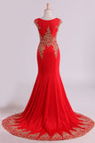 2024 Red de vestidos de baile de la cucharada de la sirena con apliques Spandex barrer de tren