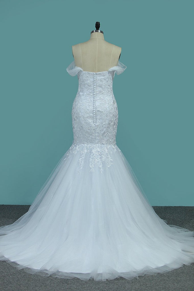 2022 vestidos de novia de la sirena del hombro Tulle con tren de corte Applique