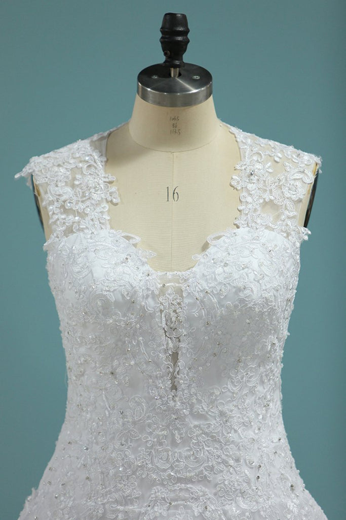 2022 vestidos de boda A-Line Cuello Alto Tribunal tren satinado con apliques cubierto Botones