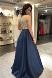Modest Beading Blue Long A-Line Satinado elegante vestidos de baile Vestidos de fiesta