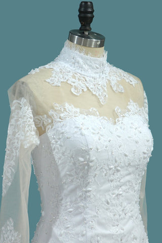 2024 vestidos de novia sirena cuello alto mangas largas tul con apliques y perlas