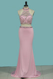 2024 de dos piezas vestidos de baile sirena Spandex cuello alto rebordeado blusa