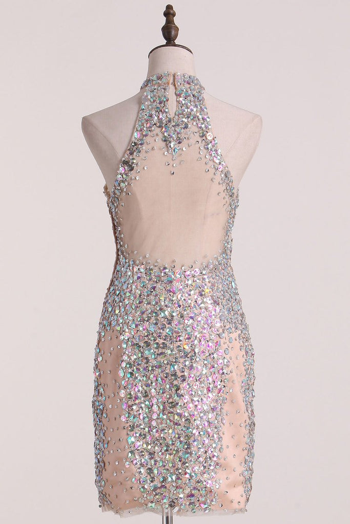 2022 Corto / Mini vestidos de cuello alto de baile de tul con los granos y diamantes de imitación