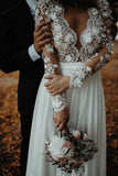 Palabra de longitud mangas largas cuello escarpado apliques divididos gasa vestido de boda de playa