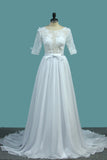 2024 vestidos de novia una línea Scoop con correa y flor hecha a mano tribunal tren