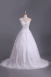 2024 vestidos de boda del tren de la capilla Bateau tul con apliques y faja de una línea