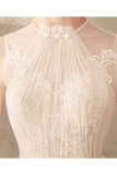Vestido de novia de tul sin mangas de marfil con encaje, vestido de novia de una línea de pliegues con espalda abierta