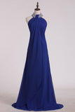 2024 Oscuro Royal Blue cabestro vestidos de dama de gasa con partida de longitud