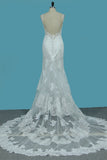 2024 Espaguetis correas vestidos de novia de la sirena Tul con abalorios y apliques espalda abierta