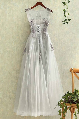 2024 Tulle con Applique A Line Prom Dresses Scoop Lace Up