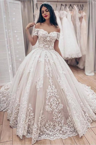 Vestido de fiesta fuera del hombro Vestido de novia con apliques de encaje, magnífico vestido de novia